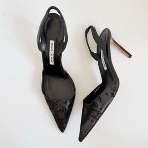 Manolo Blahnik Carolyne Slingback Pumps Black Metallic Jacquard laser cut EU 41